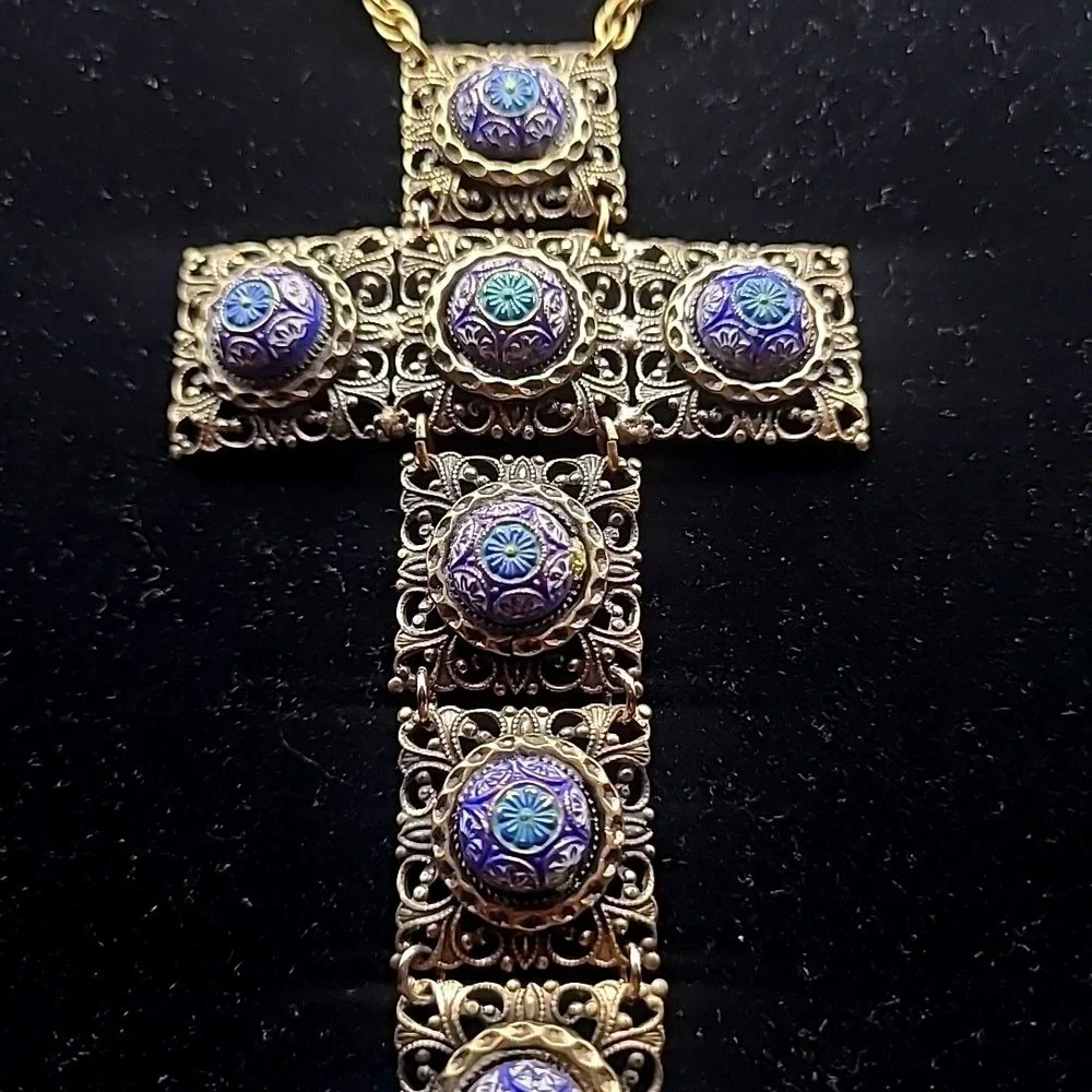 Vintage Hobe Necklace Gold Tone Filigree Enamel Articulated Large Cross RARE